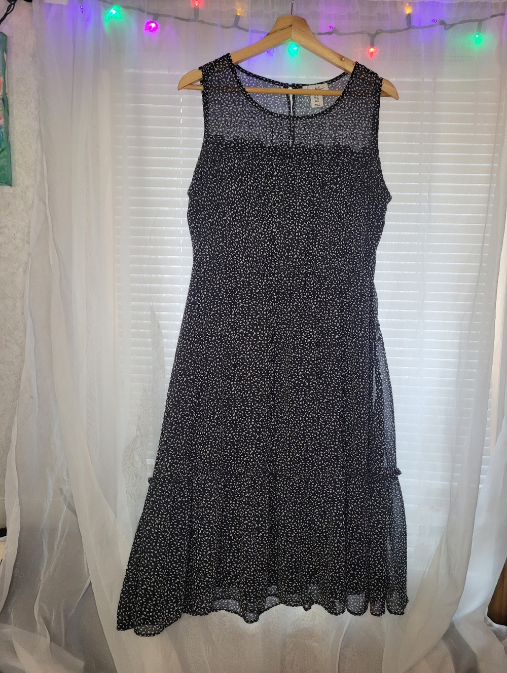 Nicole Miller Ruffle Black Midi Dress 12 Sheer Neckline Flowy Boho Classic